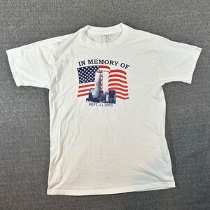 Vintage In Memory of 911 Shirt Graphic Print White‎ Mens Large Distressed